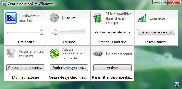 Capture décran - Centre de mobilité Windows sous Vista